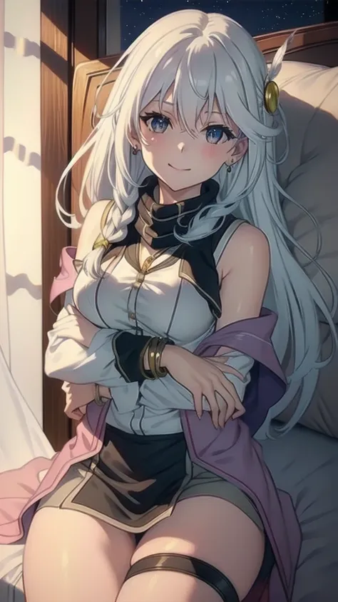 masterpiece, best quality, 1 solo girl, silver hair, yellow eyes, long hair, medium breasts, sexy body and face, wavy hair, smile, sleeveless shirt, scarf, black thigh-high, mini skirt, pendant, bracelet, jewelry, earrings, feather hair ornament, book, lyi...