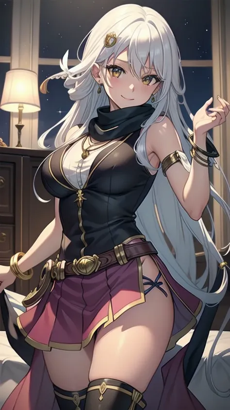 masterpiece, best quality, 1 solo girl, silver hair, yellow eyes, long hair, medium breasts, sexy body and face, wavy hair, smile, sleeveless shirt, scarf, black thigh-high, mini skirt, pendant, bracelet, jewelry, earrings, feather hair ornament, book, lyi...