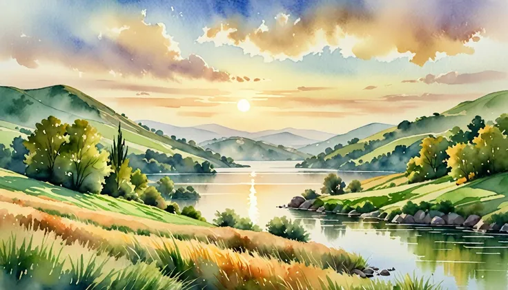 a serene watercolor landscape, rolling green hills, tranquil lake, wispy clouds, warm golden sunlight, lush foliage, detailed te...