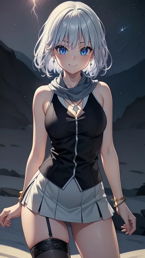 masterpiece, best quality, 1 solo girl, silver hair, blue eyes, short hair, medium breasts, sexy body and face, wavy hair, smile, sleeveless shirt, scarf, black thigh-high, mini skirt, pendant, bracelet, jewelry, earrings, feather hair ornament, book, lyin...