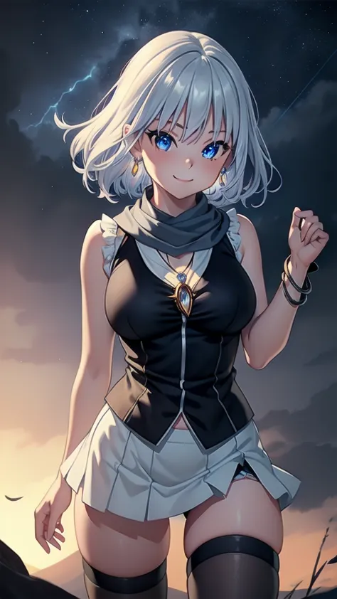 masterpiece, best quality, 1 solo girl, silver hair, blue eyes, short hair, medium breasts, sexy body and face, wavy hair, smile...