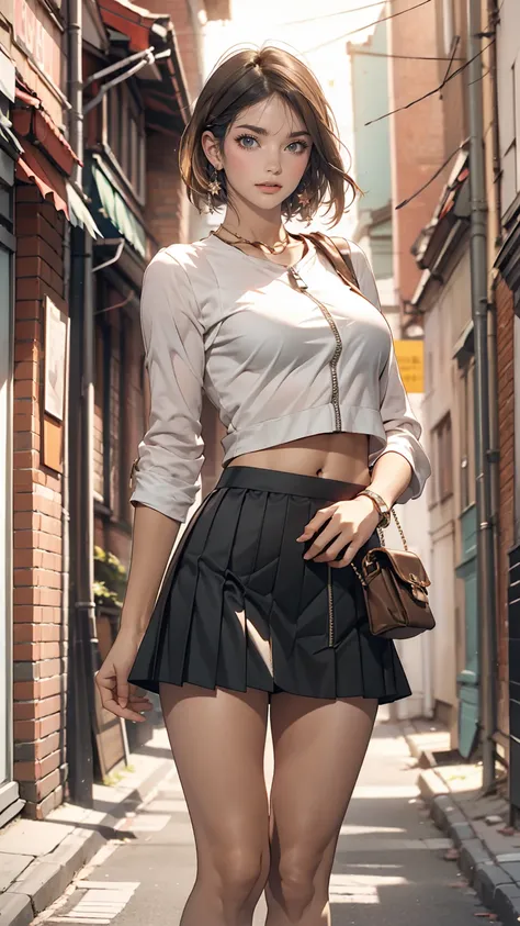 25-year-old Caucasian female、Wear high-necked zipper-up tops、I can see my belly button、Wear a low-rise, mini-length pleated skirt、Brick building in an alley