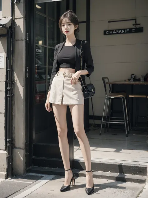 Choose a short suit，Like a small Chanel style suit，With high heels，Improve overall proportion。
Wear a high-waisted skirt with a cropped top，Visually lengthen the legs。