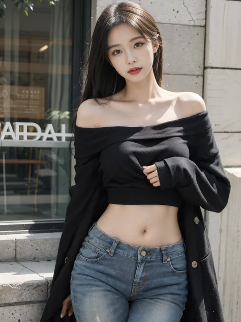 You can wear a tight-fitting top with off-the-shoulder design，Pair with a pair of straight jeans，Highlight upper body advantages。
Long black coat with slim black dress，Weakens hip and thigh lines。