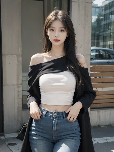 You can wear a tight-fitting top with off-the-shoulder design，Pair with a pair of straight jeans，Highlight upper body advantages。
Long black coat with slim black dress，Weakens hip and thigh lines。