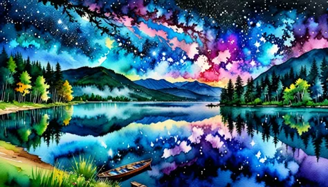 (beautiful watercolor),beautiful nature,beautiful lake\((very elaborate and beautiful galaxy reflected:1.4)\) , break ,quality\(...