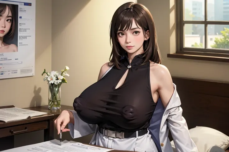 (1lady solo), sitting, (looking at viewers), (sleeveless white lab coat) stylish outfit, mature female, /(dark brown hair/) bangs, smiling, (masterpiece best quality:1.2) delicate illustration ultra-detailed, sagging gigantic huge breasts BREAK (hospital e...