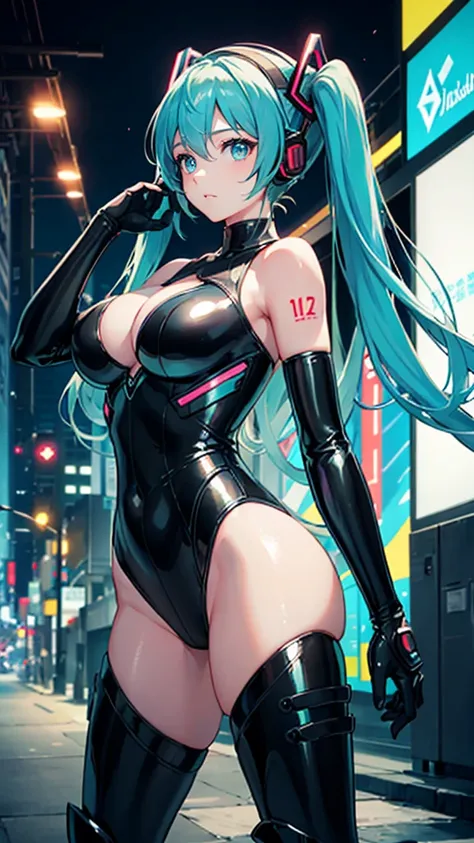 ((Highest quality))、(masterpiece)、Hatsune Miku VOCALOID、(Twin tails)、Light blue hair、Water-colored pupils、cyber punk、Ultimate Physical Beauty、Big Ass、(Big Breasts)、Bodysuits、Sexy pose、12-year-old girl has electronic visor fitted to her face、red latex body、...