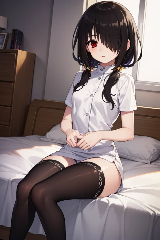 Kurosaki, Tokisaki Crazy Trio, Black Hair, Low double ponytail, (hair covering one eye:1.5), (Red Eyes:1.2), (Small Breasts:1.2), rest thighhighs, have, , White, Nurse cap, Nurse, Tokisaki Crazy Trio, rest looking at viewer, rest indoors, ground, groundroo...