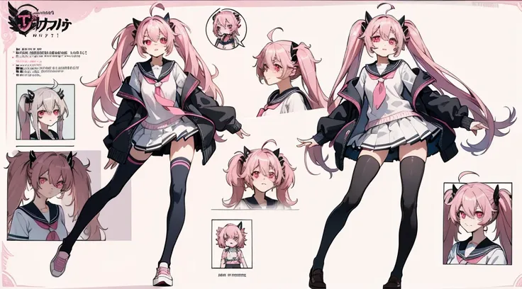 ((Masterpiece, highest quality)), detailed face, character sheet, Full body, 1girl, pink eyes, pink hair, twintails, ahoge, ((messy hair)), hair between eyes, school uniform, cardigan, black thigh-highs, smile, yandere, dark, pink theme, , full of details,...