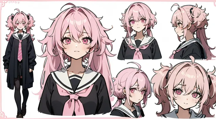 ((Masterpiece, highest quality)), detailed face, character sheet, Full body, 1girl, pink eyes, pink hair, twintails, ahoge, ((messy hair)), hair between eyes, school uniform, cardigan, black thigh-highs, smile, yandere, dark, pink theme, , full of details,...