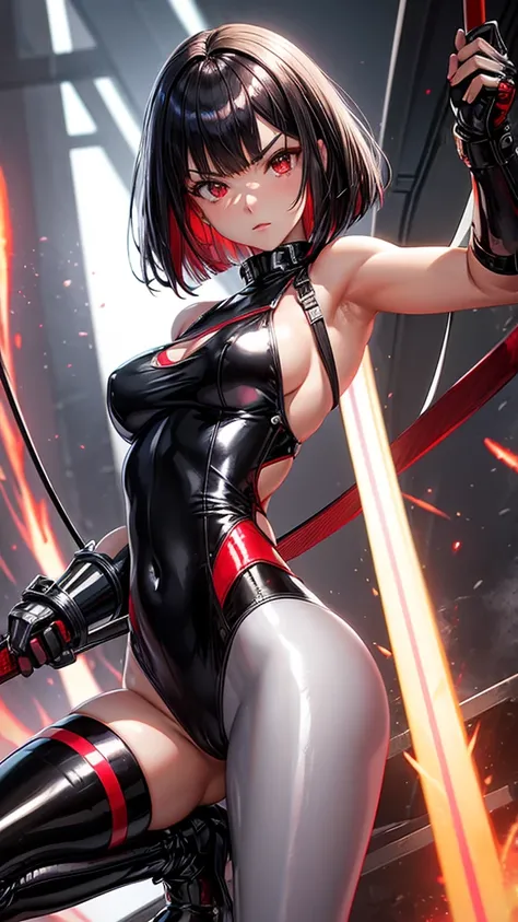 solo girl,Glossy metalic light silver tank top, tight latex shiny, Red interpolation color,Black hair bob,red eyes, camel toe, Samurai Sword,
Lift one leg,