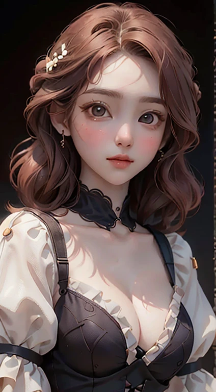 highest quality, masterpiece, (Realistic: 1.2), 1 girl, Slim girl, Redhead, Brown eyes, front, Detailed face, Beautiful Eyes, Brown eyes, Big eyes, Small breasts, Cleavage, Long dress、Beauty、Dresses with frills