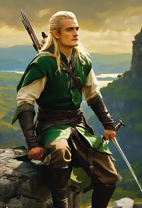 ((Orlando Bloom .... Legolas)),  estilo modelshoot, Parece Keira Knightley, (extremamente detalhado CG unidade 8k papel de parede), foto corporal completa da obra de arte mais bonita do mundo, Bruxa medieval inglesa, Vale Verde, pearl skin,coroa de ouro, o...