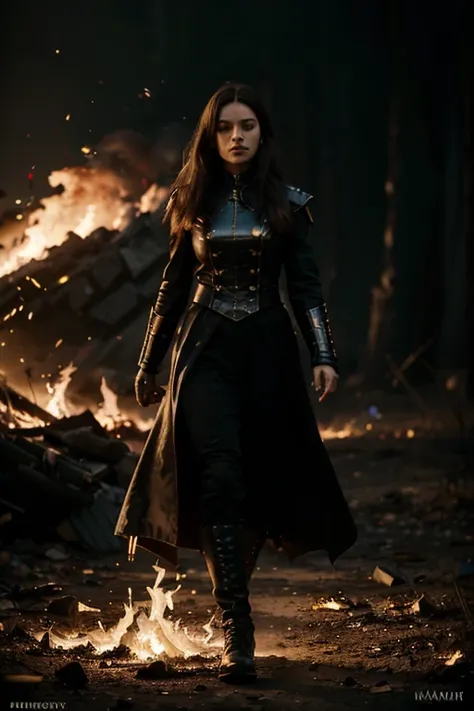 Cinematic portrait of Woman sorcerer walking through a fiery scene,wearing black clothes uniforme, military gothic fantasy uniforme, Warhammer, fire sparks flyong everywhere, glint of dying sunlight, full body shot, long exposure effect, flames, high contr...