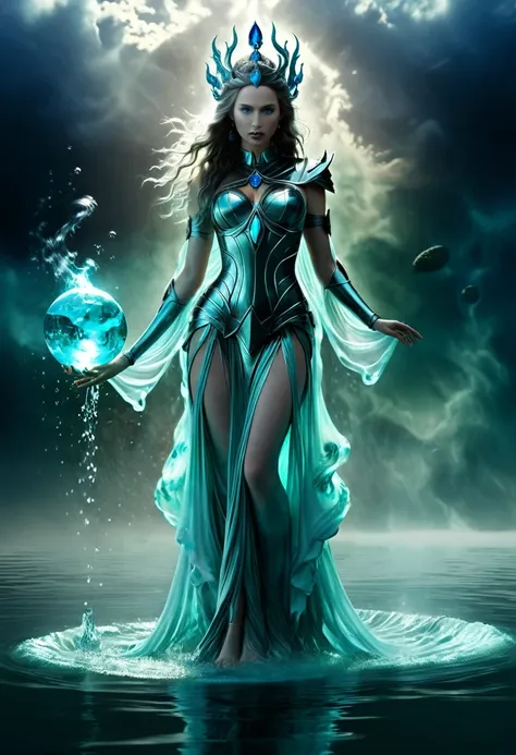 ((best quality)), ((masterpiece)), (detailed), perfect face, Aphrodite as war queen, holding an orb, in wrath, mythical scene , water wrapped around body, full body, perfect body, perfect face, perfect hands, hold an blue flames astral orb, submerged in th...