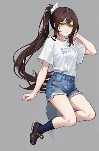 woman，Humanity，Dark brown long straight hair with a side ponytail，White skin，Yellow eyes，Petite stature，Expression smile，Wearing a light blue T-shirt，Dark blue denim shorts，White knee high socks，Brown shoes