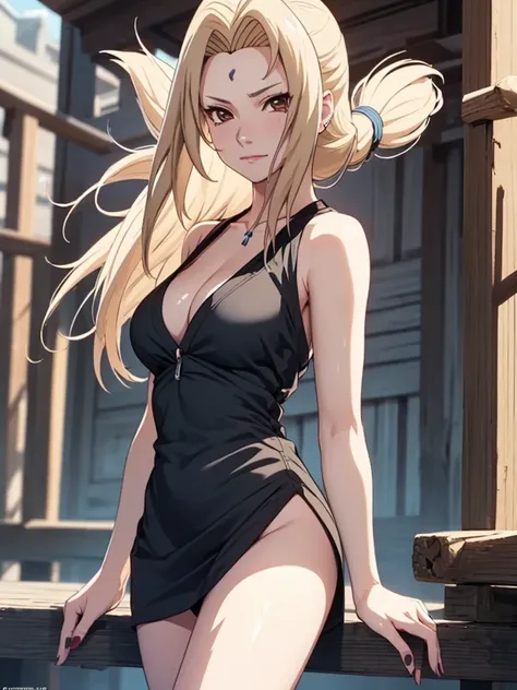 1 girl, anime, tsunade, hair has shoulder length banges  that frame her face and the rest reaches her lower back, very detailed cute brown hair, very short sexy black dress, looking at viewer, 8k , masterpiece,small diamond shaped blue mark on forehead, pa...