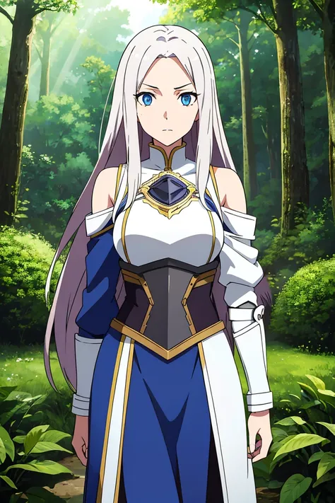 30 years old girl, shoulder length white wavy hair, hblue eyes, fantasy medival assassin light armor, in the forest,whole body