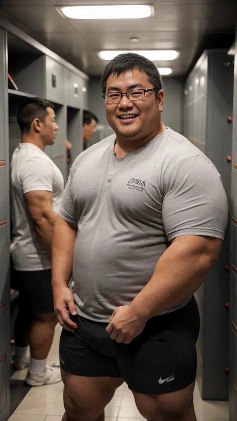 a japanese man in a business grey suit is standing next to guy, a little chubby japanese young guy is standing next to the male:...