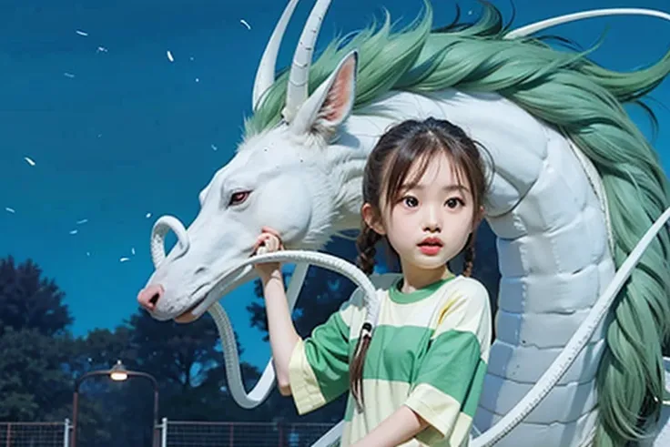 girl, brown hair with ponytail, white t-shirt with green stripe, white dragon