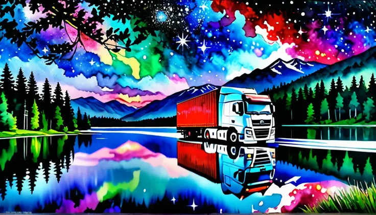 truckersrule style, (beautiful watercolor),beautiful nature,beautiful lake\((very elaborate and beautiful galaxy reflected:1.4)\...