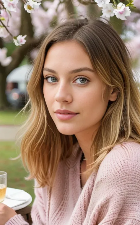 beautiful blonde wearing pink sweater (sitting outside in the spring at a cafe), extreme detailed, 21 years old, innocent face, natural wavy hair, blue eyes, high resolution, masterpiece, best quality, intricate details, highly detailed, sharp focus, detai...