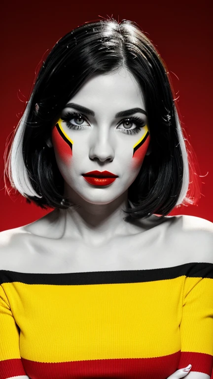 black and white portrait, yellow and red and blue stripes in background, red lips, comic style