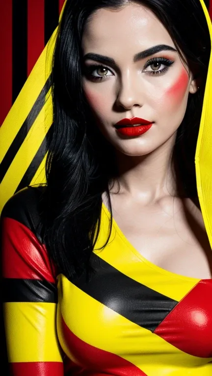 black and white portrait, yellow and red and blue stripes in background, red lips, comic style