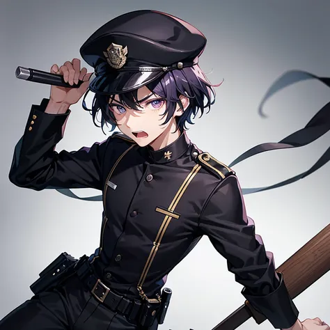 （ High resolution、Very detailed、High definition）20-year-old male、Has purple eyes、Black Hair、Short Hair、Official hat、Police uniform、holding a metal baton in one hand、Angry expression、background（that&#39;Looks like science fiction、The LCD screen of the compu...