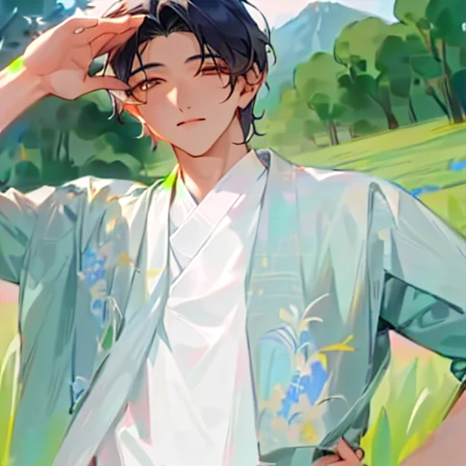 a man standing in a field, hands covering his head, jinyoung shin, inspired by zhang han, korean male, oil paint, urzan, cai xukun, kim dae eung, short hair, handsome chad chin, xiao rong, inspired by zhou chen, shin jinhye aesthetics, hyung tae, slim youn...