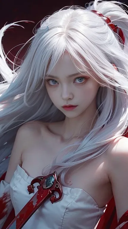 cute_girl,Little Ghost,Fair_skin,slim,Oval face,Light_blush,Red Eyes,demon_wing,lol,(white hair), long red hair, Red Eyes, (whole body), (((With sword))), angry face, (Beautiful and delicate eyes), Blood Drop,Blood Mist, Flowing hair, disheveled hair, Spla...