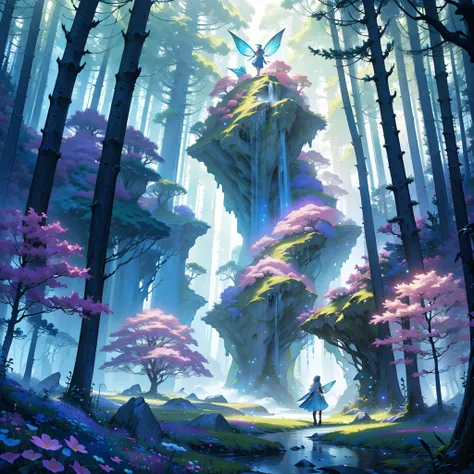 fantasy forest, mythical creatures, magical landscape, enchanting colors, ethereal lighting, mysterious atmosphere, majestic trees, vibrant flowers, sparkling waterfall, fairy wings, shimmering fairy dust, enchanted animals, mystical fog, hidden secrets, w...