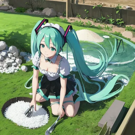 Hatsune Miku digging a trench with a rice scoop