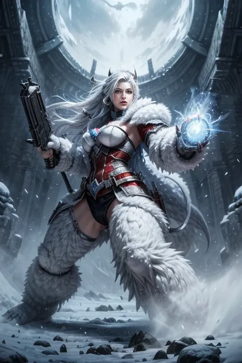 A blizzard beast is spreading pure holocaust,armed and dangerous, command with power, white silver, crimson and cold blue ,female, sweet, three quarter wiew, digital art



