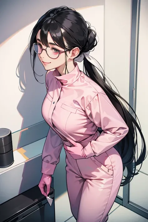 Wearing large pink rubber gloves and a white cloth wrapped around her head、A mature woman with glasses and black hair tied up in a blue long-sleeved jumpsuit cleans a dirty public toilet in a park with a gentle smile