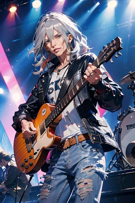 Steven tyler from Aerosmith, idol,ash gray hair, wearing a jeans jaket, in the stage,close up, looking at camera, cinematic, sharp lense, professional photographie, 70mm lense, soft light, colorful background, 4k