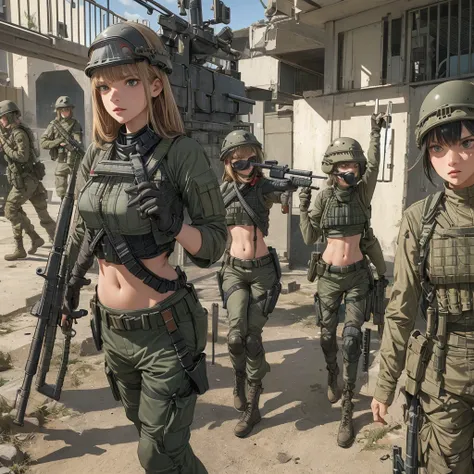 A group of Womens in crop top military bulletproof vest , military green cargo pants, belt, military helmet, tactical, (open navel), ((((aiming an m16))))