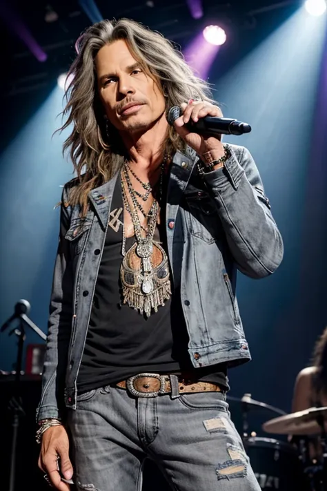 Steven tyler from Aerosmith, idol,ash gray hair, wearing a jeans jaket, in the stage,close up, looking at camera, cinematic, sharp lense, professional photographie, 70mm lense, soft light, colorful background, 4k