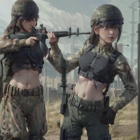 A group of Womens in crop top military bulletproof vest , military green cargo pants, belt, military helmet, tactical, (open navel), ((((aiming an m16))))