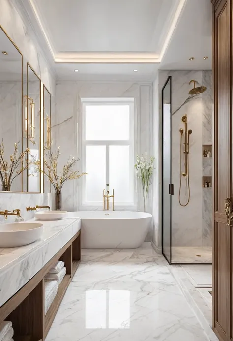 The bathroom comes with a large shower。 exquisite marble details, white marble walls, Marble room, premium bathroom design, wooden floor, white marble interior photograph, high quality 3 d render, , smooth marble surfaces, neo - classical style, wooden flo...