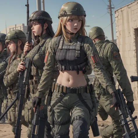 A group of Womens in crop top military bulletproof vest , military green cargo pants, belt, military helmet, tactical, (open navel), ((((aiming an m16))))