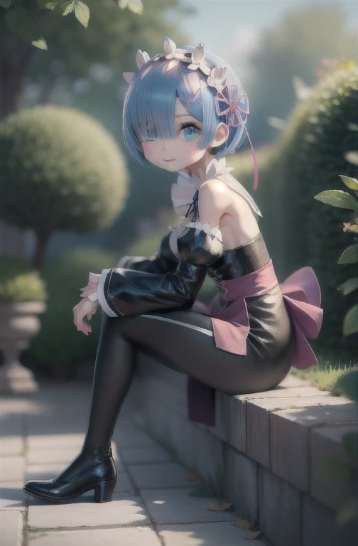 Rem /(Re:zero)/ ,anime girl sitting on steps , short light blue hair , blue eyes, girl fanart, in an anime style, in anime style, artwork in the style of guweiz, anime moe artstyle, modern anime style, anime style illustration, anime style only, anime arts...