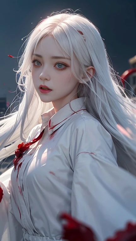 cute_girl,Little Ghost,Fair_skin,,Oval face,Light_blush,Red Eyes,demon_wing,lol,(white hair), long red hair, Red Eyes, (whole body), angry face, (Beautiful and delicate eyes), Blood Drop,Blood Mist, Flowing hair, disheveled hair, Splashing blood,(Blood),St...