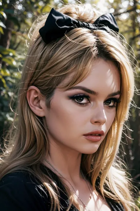 Detailed Photo of 1 bbardot woman with dark eye makeup and a black bow on her head, detailed face, Beautiful, Perfect Eyes, (highly detailed skin:1.1), perfect body, wearing a swing dress, Professional Photography, Soft Lighting, Photorealistic, Realistic,...