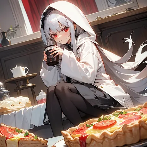 Woman sitting on chair,(Silver long hair,bangs,Sharp red eyes,Oversized off-white hoodie,Black long skirt,Grey tights),(Things on the desk:1x hot drink,1/1 x Quiche Lorraine (8 slices) )