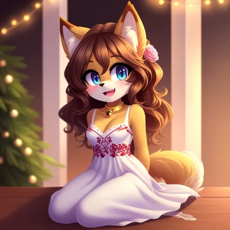 best quality,best resolution,(fluffy anthro furry :1.6),(young :1.6),solo,dog girl,small breasts,gold canine ears,gold dog tail,gold body fur,dark brown long hair,wavy hair,curvy hair,blue eyes,sparkle eyes,glistering eyes,small bell collar,flower hair orn...