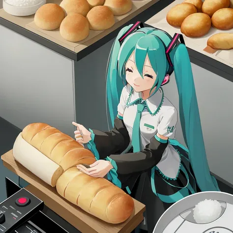 Hatsune Miku pits French bread against a rice cooker