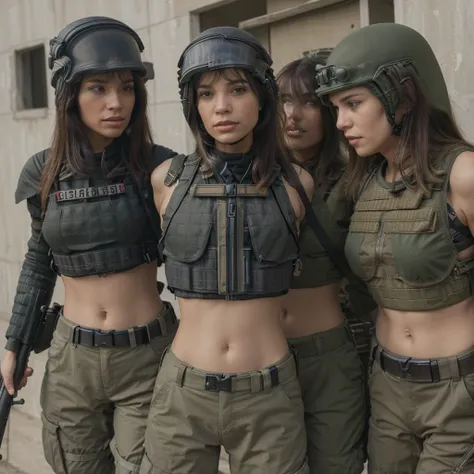 A group of Womens in crop top military bulletproof vest , military green cargo pants, belt, military helmet, tactical, (open navel), ((((aiming an m16))))