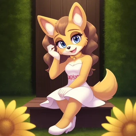 best quality,best resolution,(fluffy anthro furry :1.6),(young :1.6),solo,dog girl,small breasts,gold canine ears,gold dog tail,gold body fur,dark brown long hair,wavy hair,curvy hair,blue eyes,sparkle eyes,glistering eyes,small bell collar,flower hair orn...